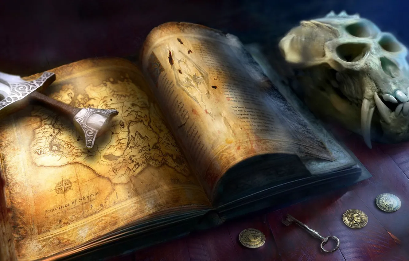 Фото обои череп, карта, деньги, меч, ключ, клыки, книга, монеты