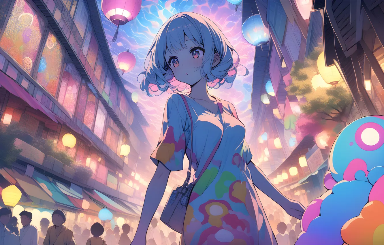 Фото обои anime girls, AI art, Lantern Festival