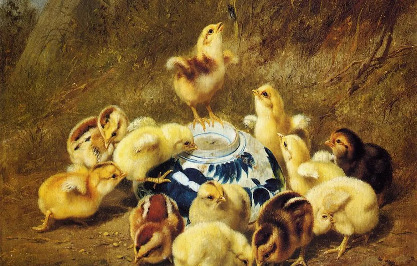 Фото обои цыплята, картина, утро, ARTHUR FITZWILLIAM TAIT
