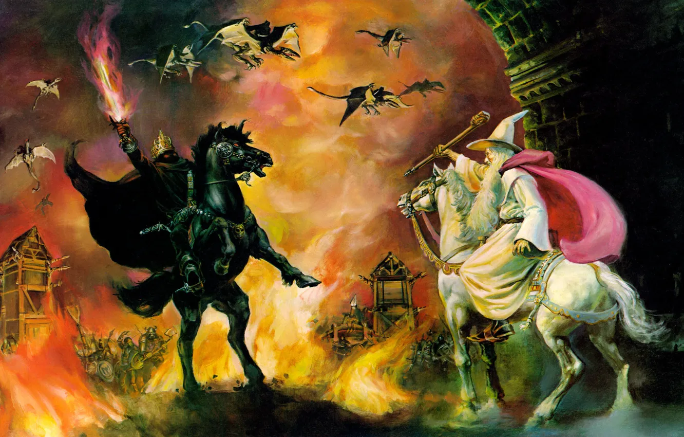 Фото обои оружие, огонь, конь, властелин колец, арт, битва, Гендальф, the lord of the rings