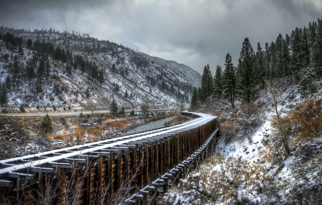 Фото обои снег, пейзаж, горы, железная дорога