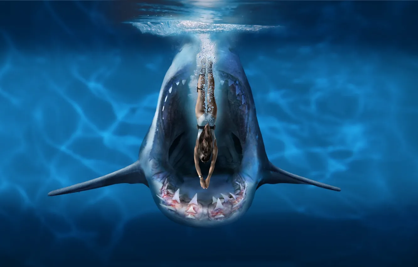 Фото обои море, девушка, акула, зубы, постер, Deep Blue Sea 3, Глубокое синее море 3