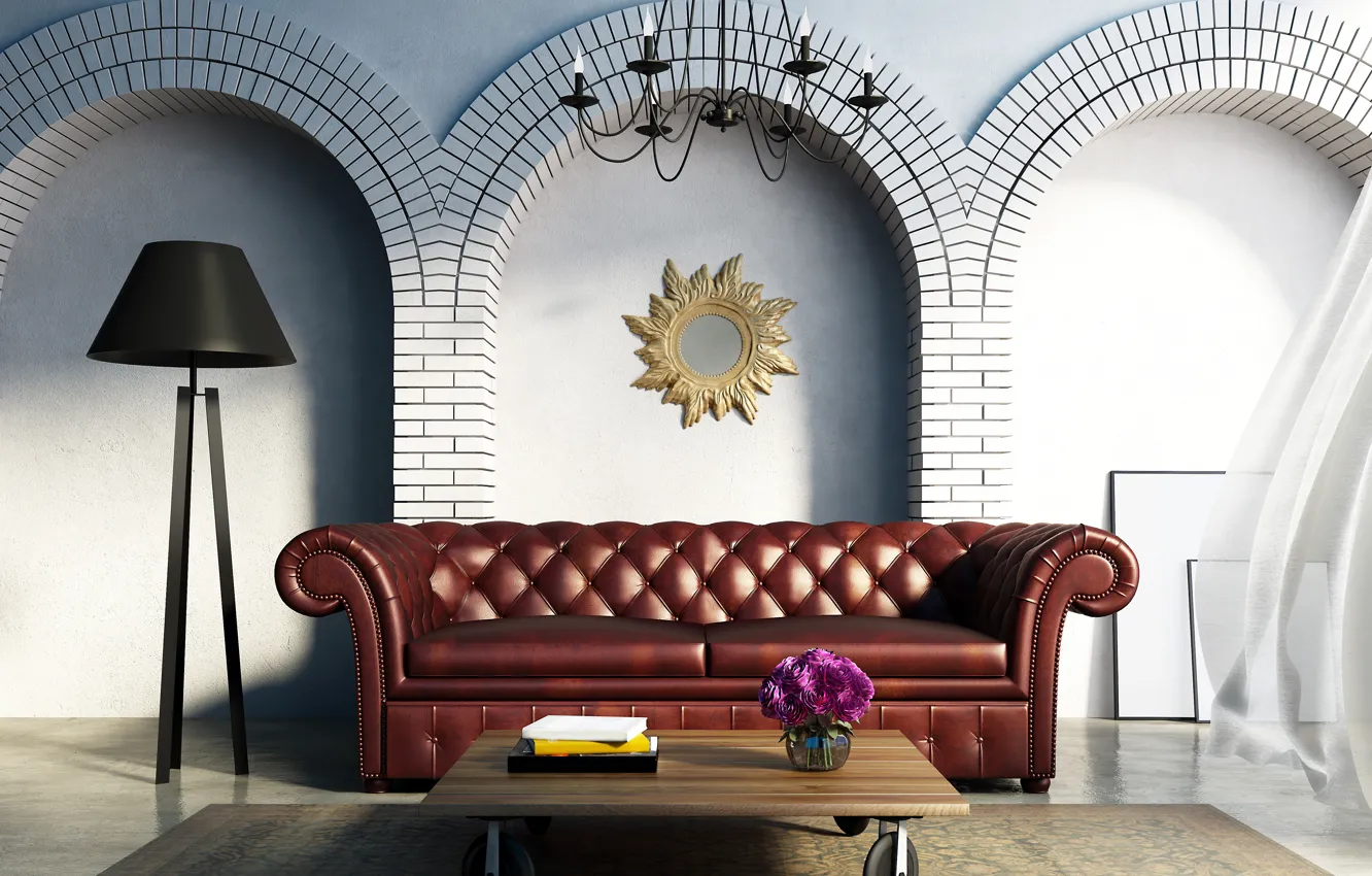 Фото обои цветы, стол, диван, светильник, софа, Design, Interior
