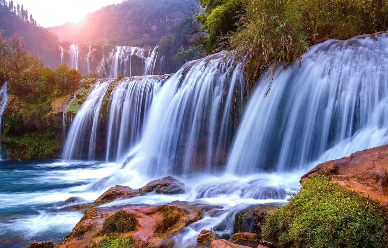 Фото обои пейзаж, природа, камни, растительность, водопад, Китай, Jiulong