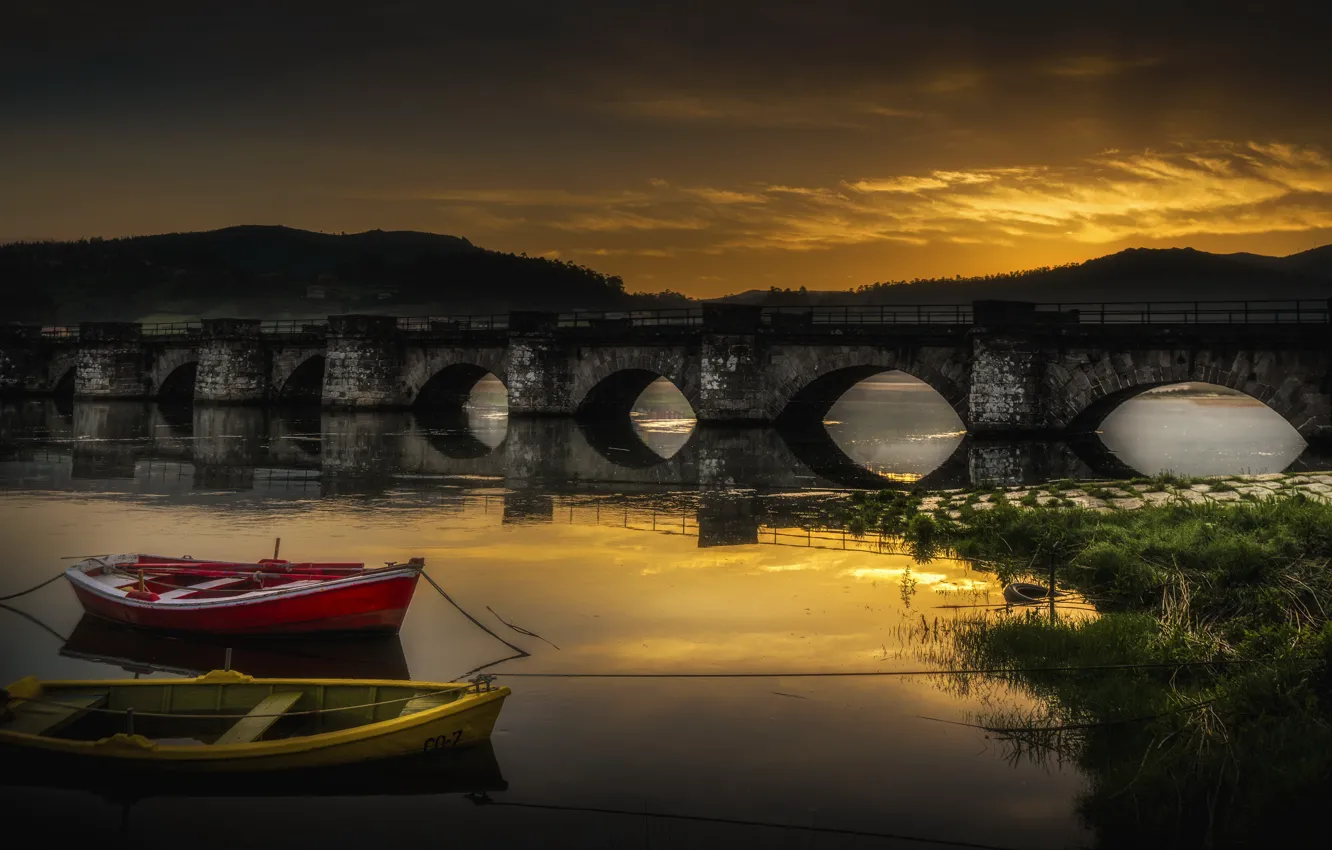 Фото обои ночь, мост, река, лодки