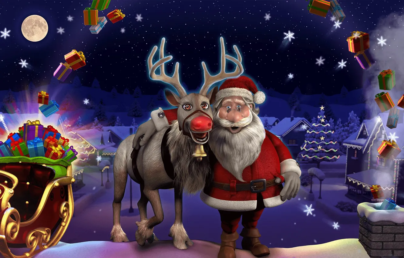 Фото обои зима, огни, праздник, олень, арт, Новый год, сани, Санта Клаус