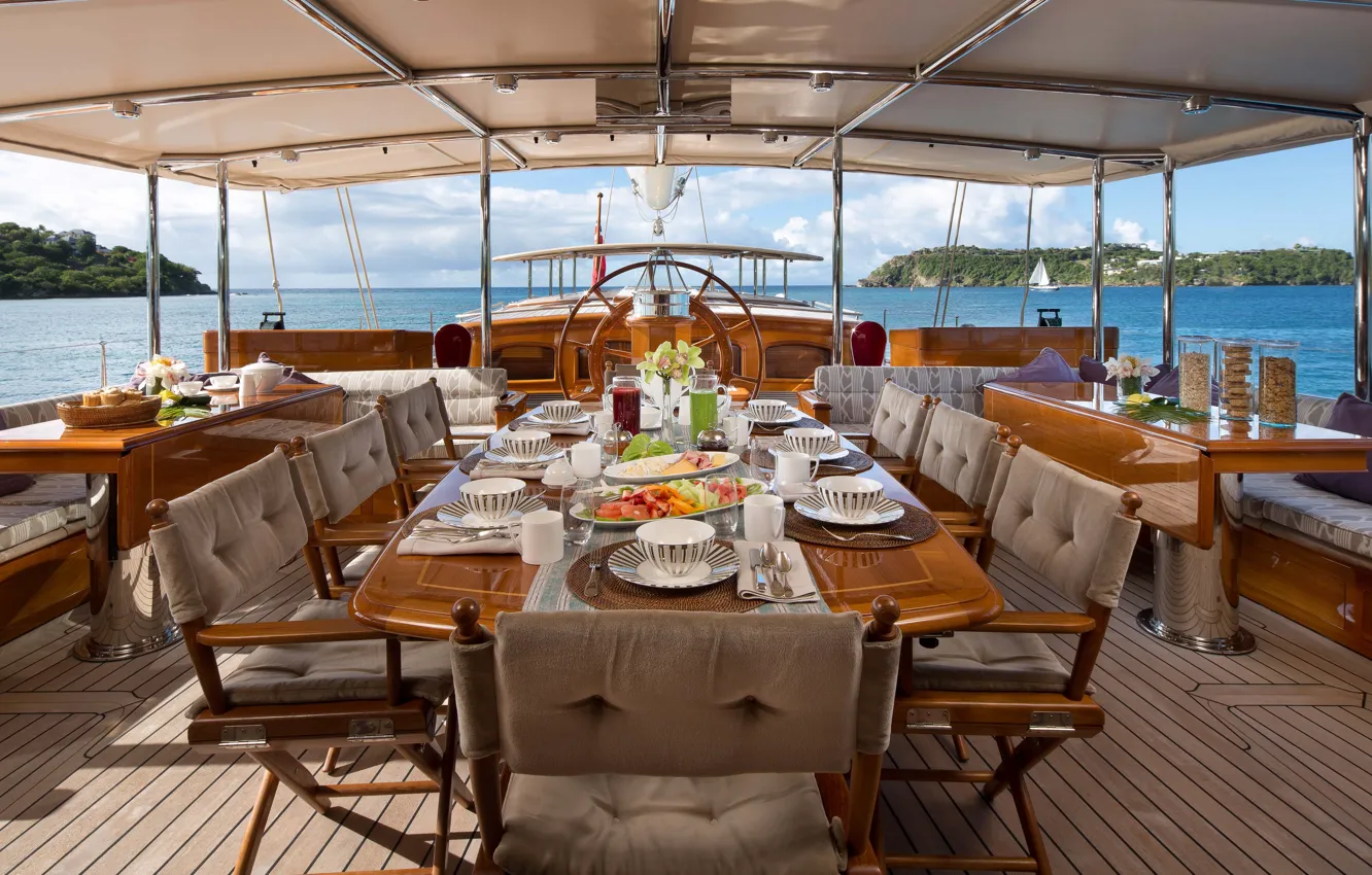 Фото обои breakfast, tables, chairs, cockpit, deck, Athos, luxury motor yacht Athos, Caribbean Sailing Charters