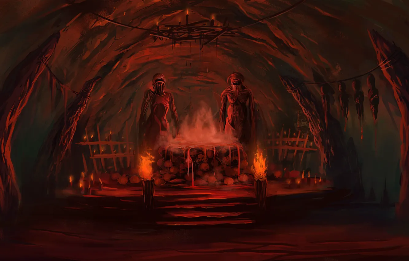 Фото обои кровь, черепа, пещера, Bloodseeker, Dota 2