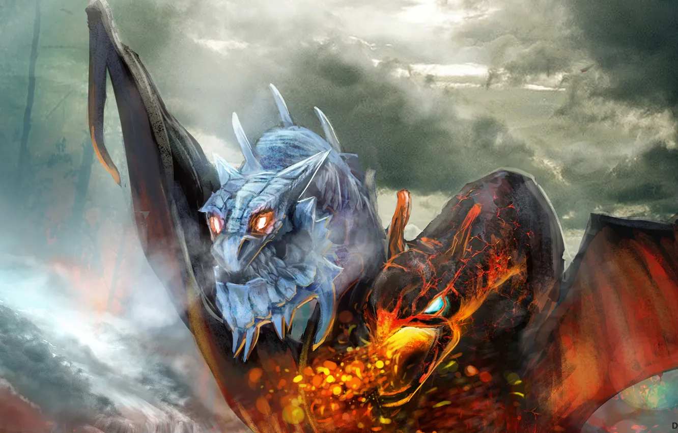 Фото обои огни, дракон, арт, dota 2, Jakiro, 2 головы, Twin Head Dragon