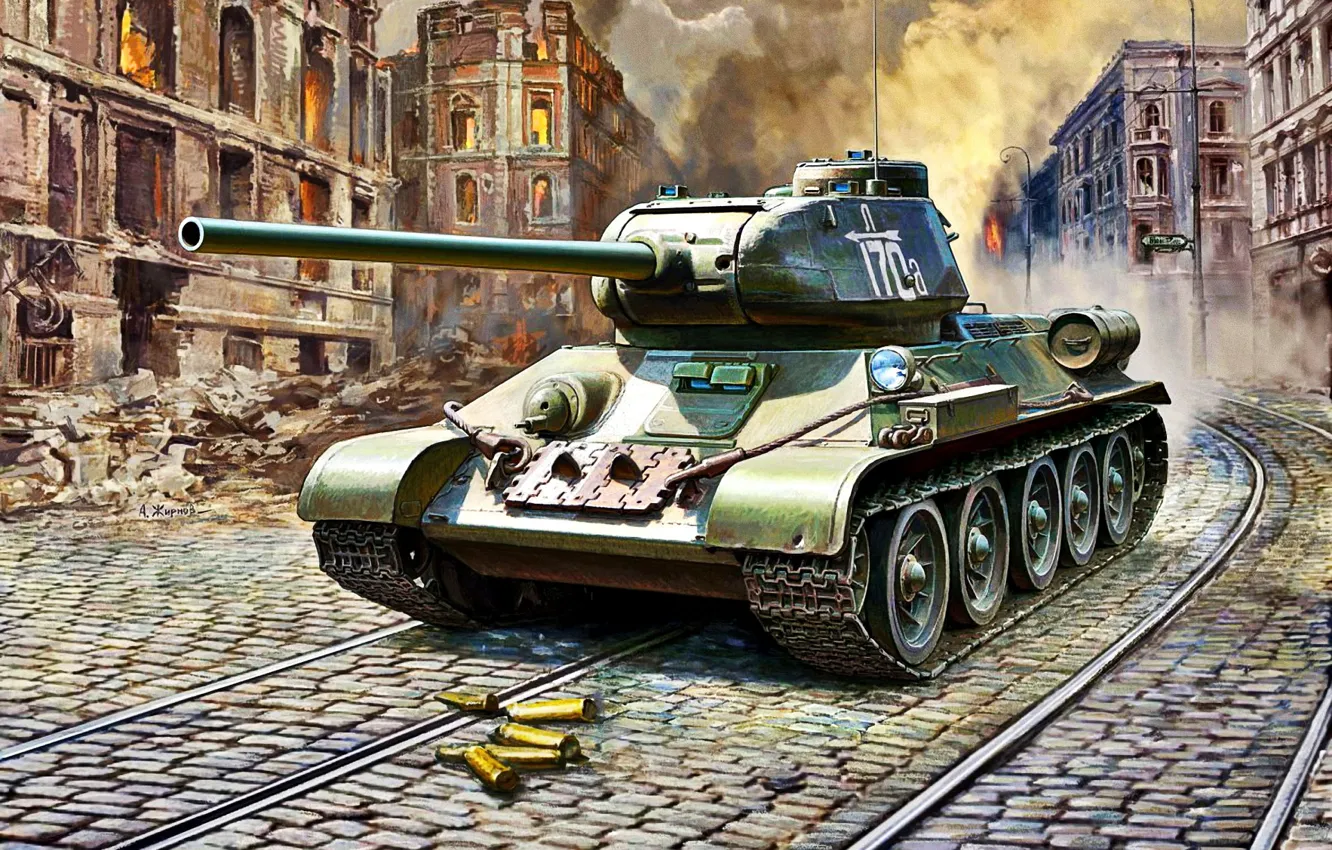 Фото обои гильзы, трамвайные пути, Т-34/85, Красная Армия, WWII, развалины дома, 4-я гв.тбр, 2-го тк.