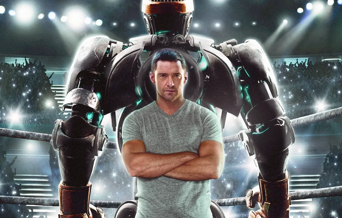 Фото обои кино, фильм, робот, актёры, ринг, хью джекман, hugh jackman, трибуны