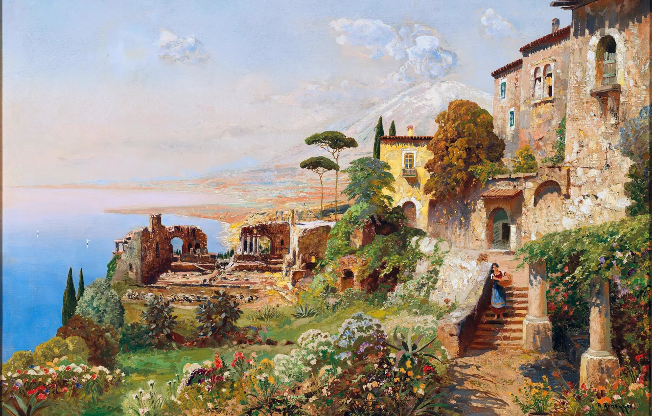 Фото обои Дома, Девушка, Горы, Деревья, Картина, Alois Arnegger, Алоис Арнеггер, Австрийский живописец
