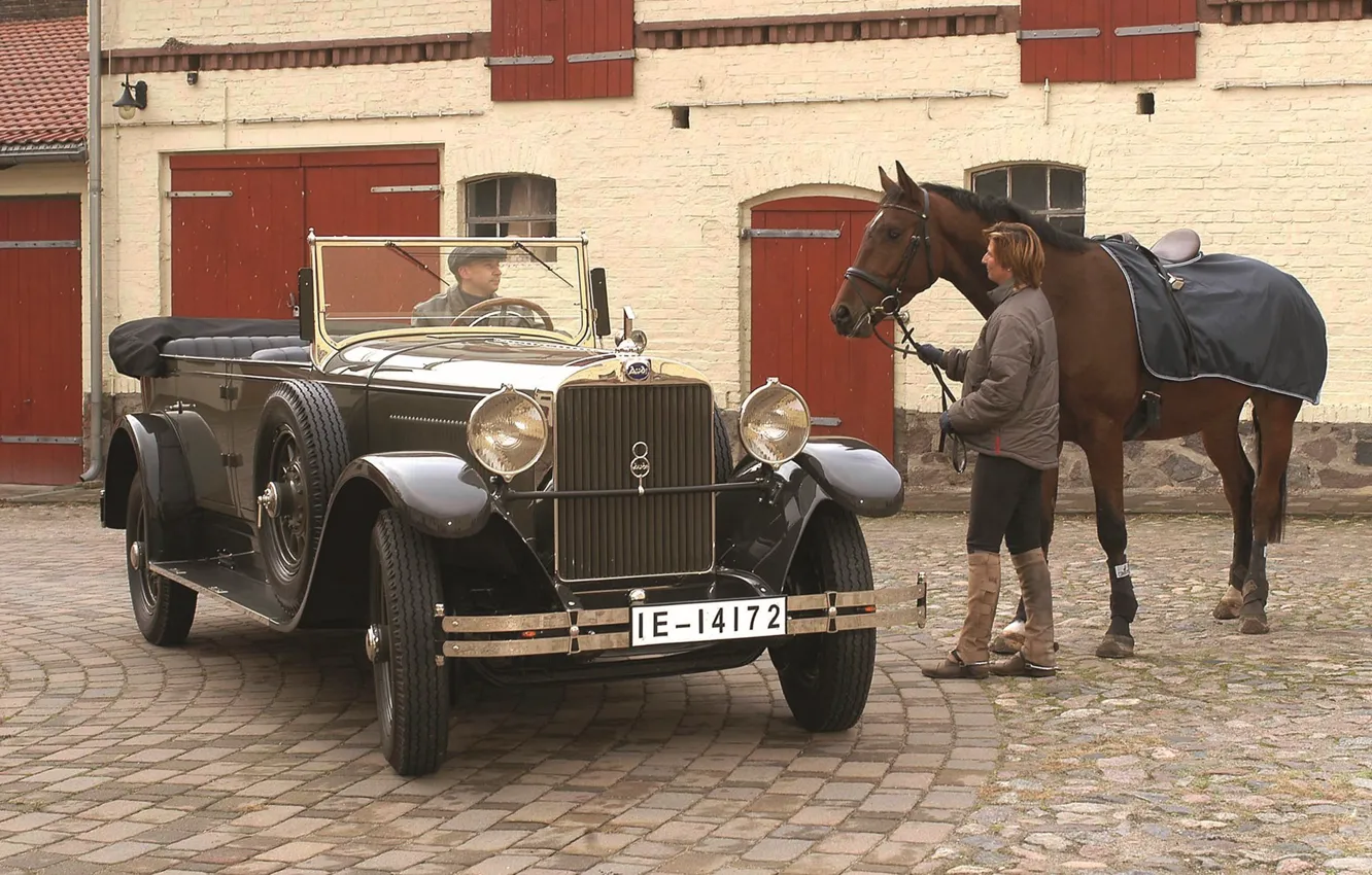 Фото обои ретро, фон, Audi, лошадь, Ауди, мужчины, передок, 1929