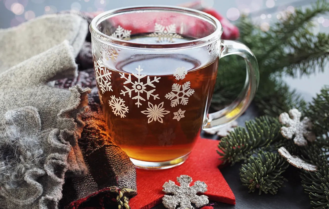 Фото обои зима, снежинки, чай, елка, кружка, чашка, плед, Christmas