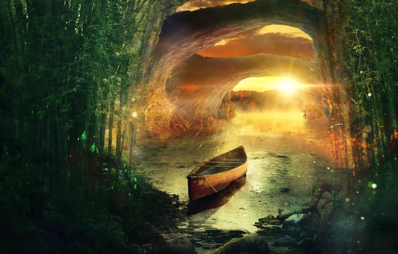 Фото обои лес, закат, река, берег, лодка