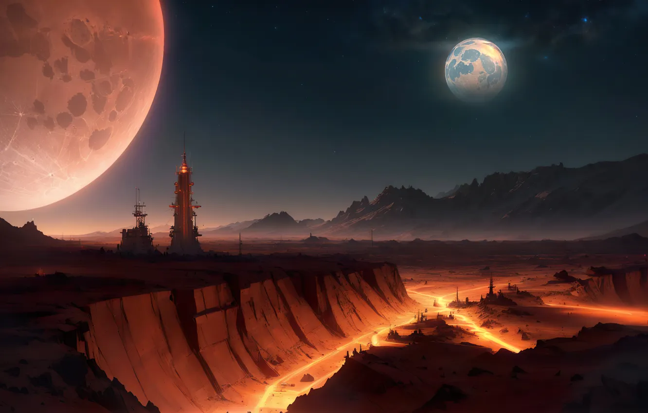 Фото обои moon, landscape, art, fantastic, planet, digital art, lava, surface