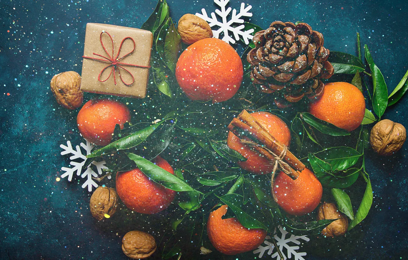 Фото обои украшения, Новый Год, Рождество, Christmas, wood, fruit, New Year, мандарины