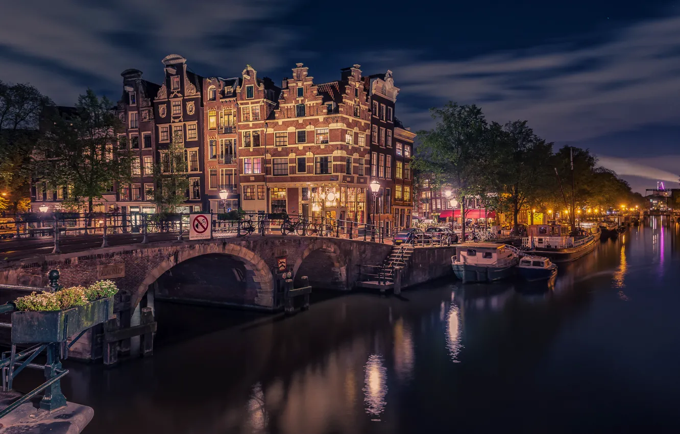 Фото обои ночь, мост, улица, Амстердам, архитектура