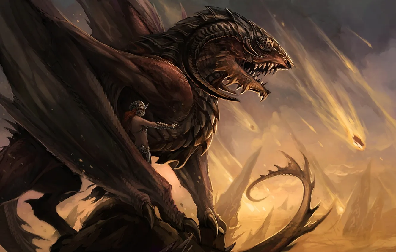 Фото обои девушка, огни, камни, крылья, монстр, арт, шлем, метеориты