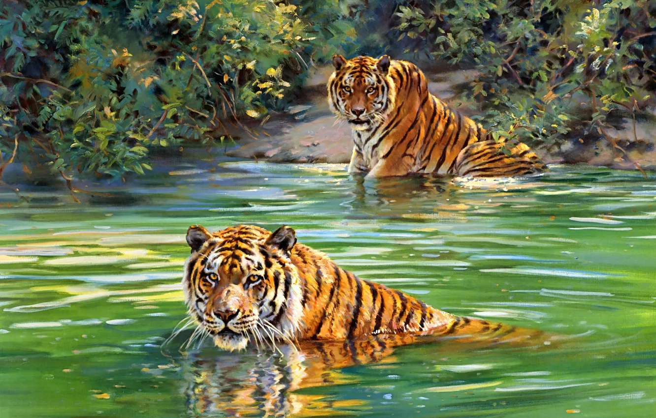 Фото обои живопись, тигры, реки, Donald Grant
