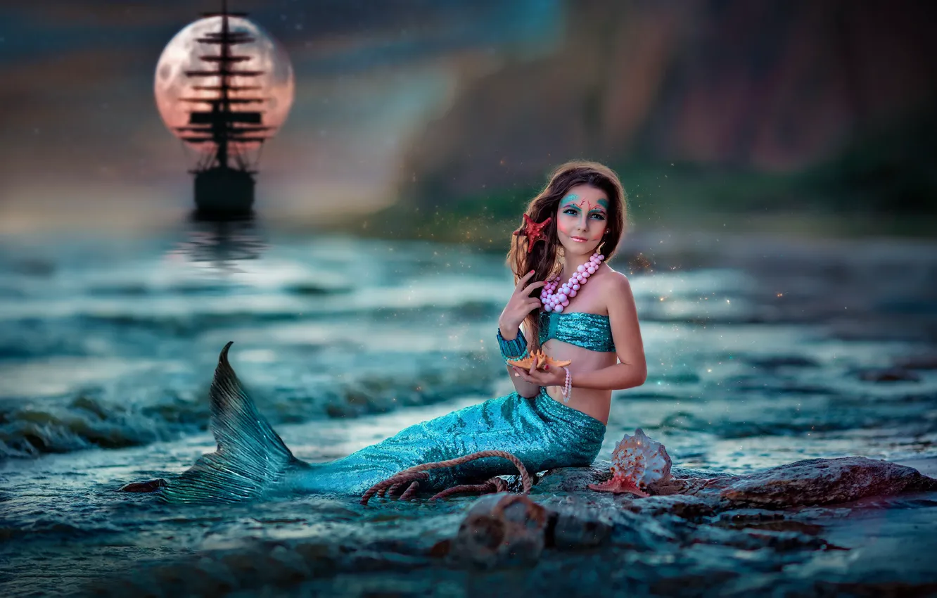Фото обои море, украшения, корабль, русалка, девочка, ракушки, русалочка, Ekaterina Dombrugova