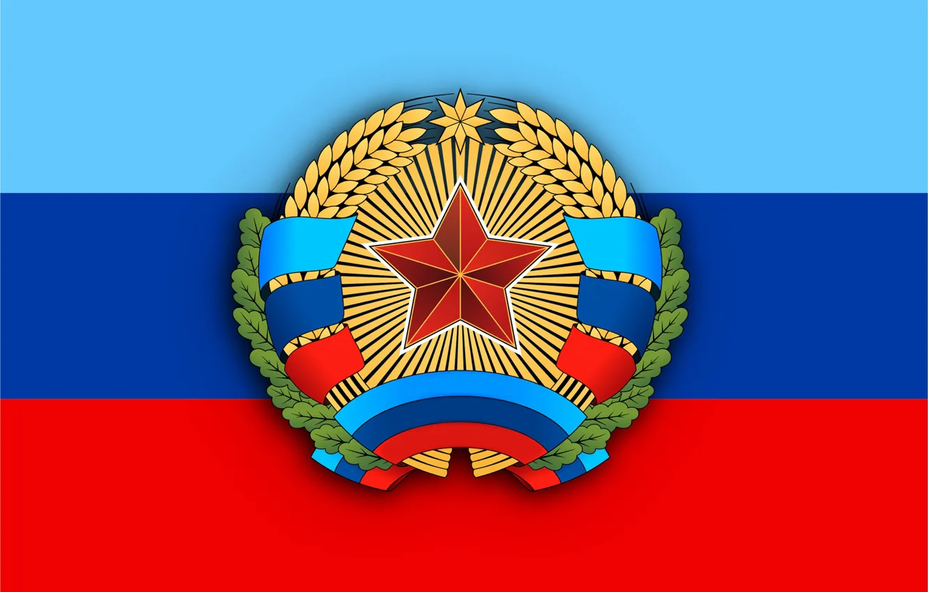 Фото обои Красный, Синий, Звезда, Флаг, Голубой, Герб, Луганская Народная Республика, Витки стяга