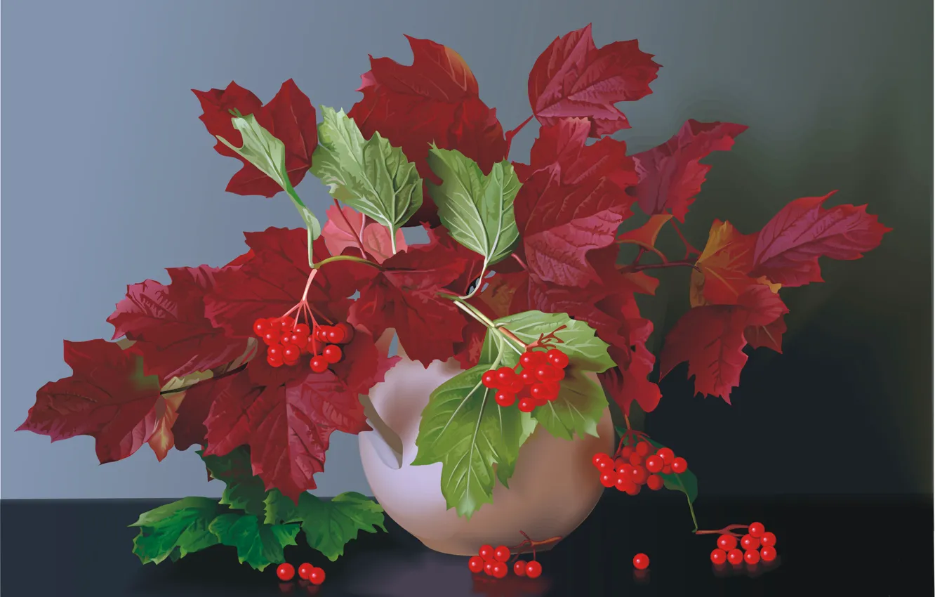 Фото обои осень, листья, ягоды, ваза, натюрморт, калина, багрянец
