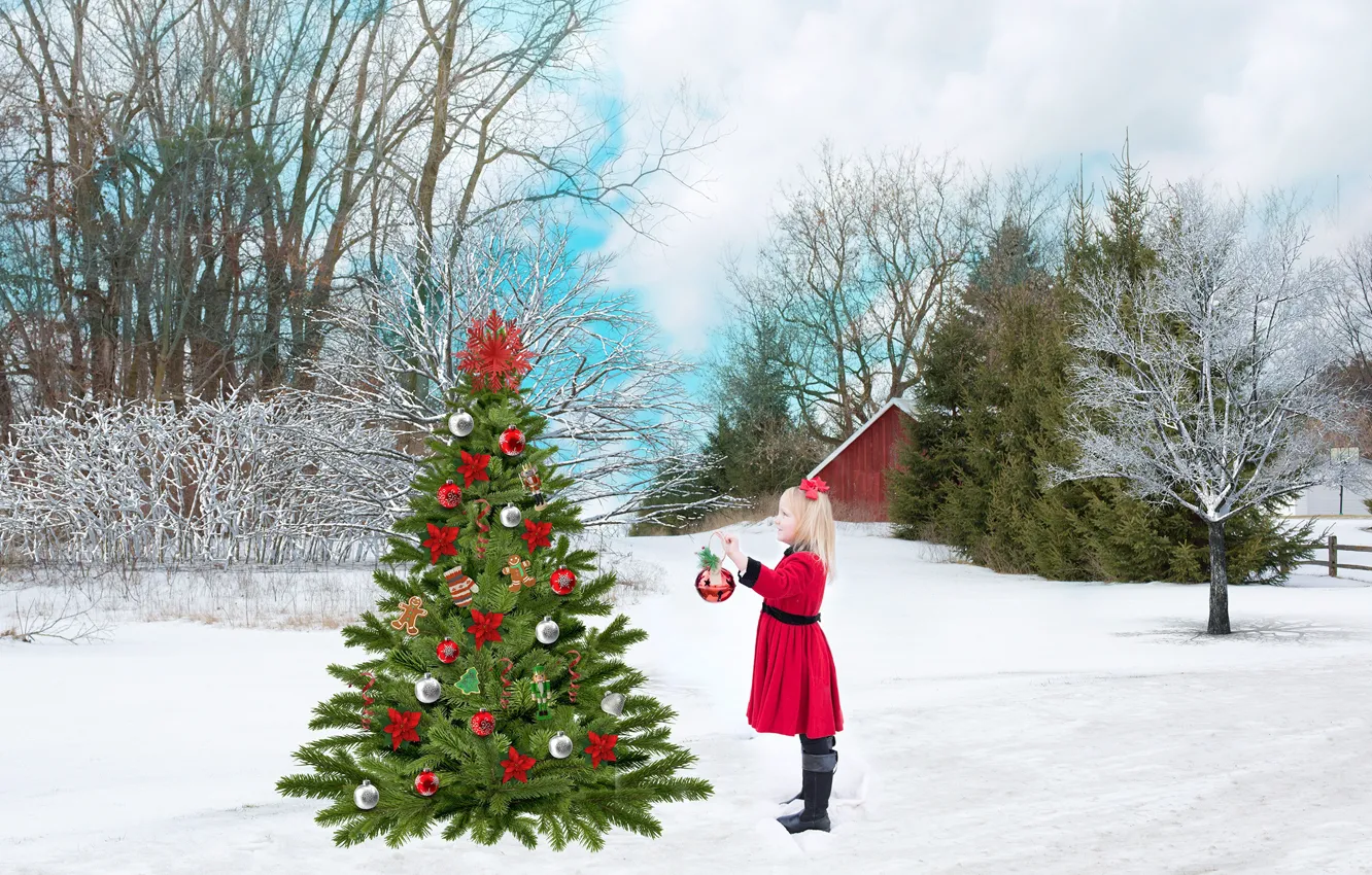 Фото обои зима, игрушки, елка, девочка, Новый год