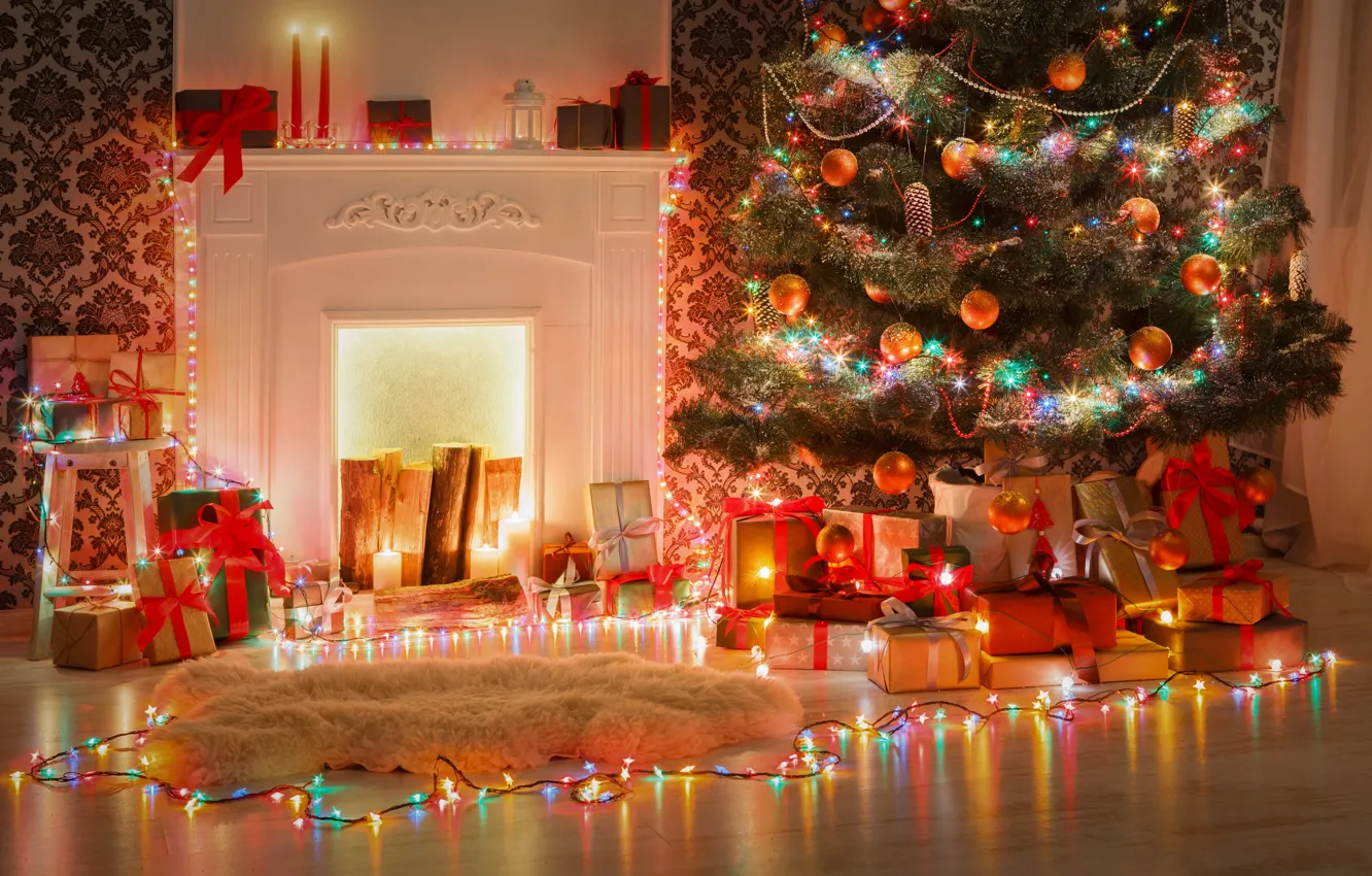 Фото обои украшения, игрушки, елка, Новый Год, Рождество, подарки, камин, Christmas