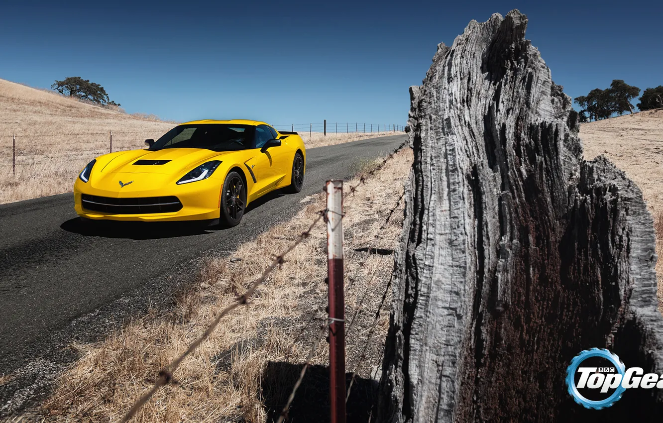 Фото обои дорога, желтый, Corvette, Chevrolet, Шевроле, Top Gear, Coupe, передок