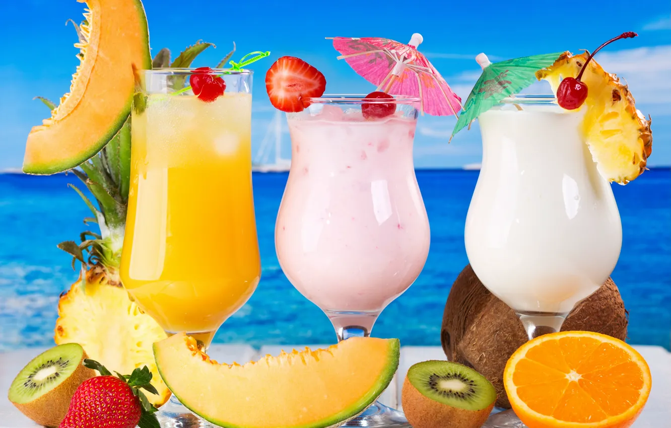 Фото обои море, коктейль, фрукты, fresh, drink, cocktail, fruits, tropical