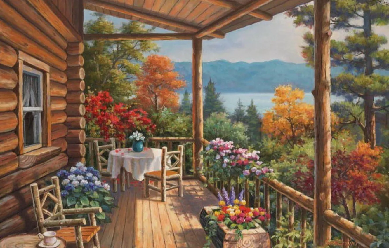 Фото обои цветы, природа, дом, картина, живопись, терраса, painting, Sung Kim