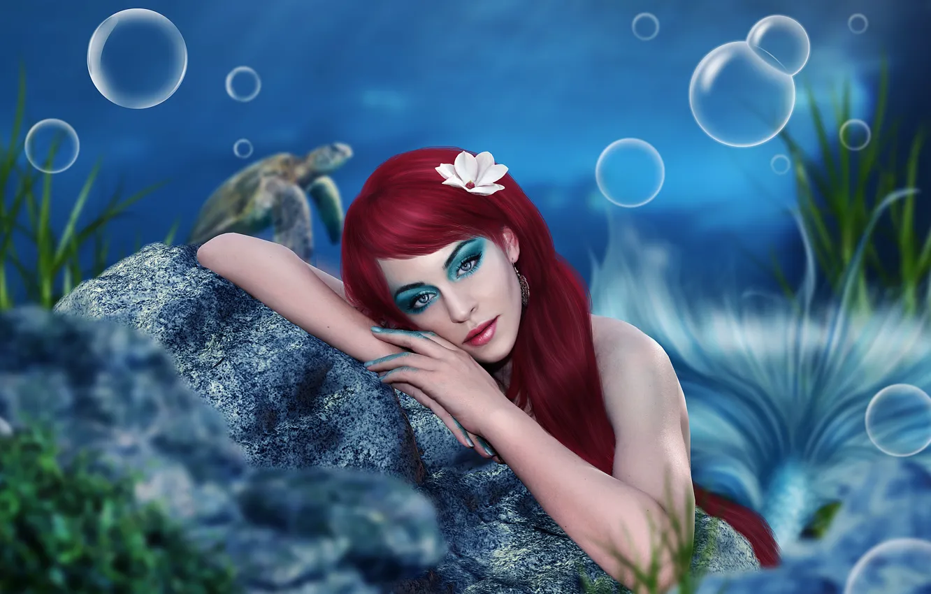 Фото обои глаза, взгляд, вода, девушка, задумчивость, пузырьки, лицо, океан