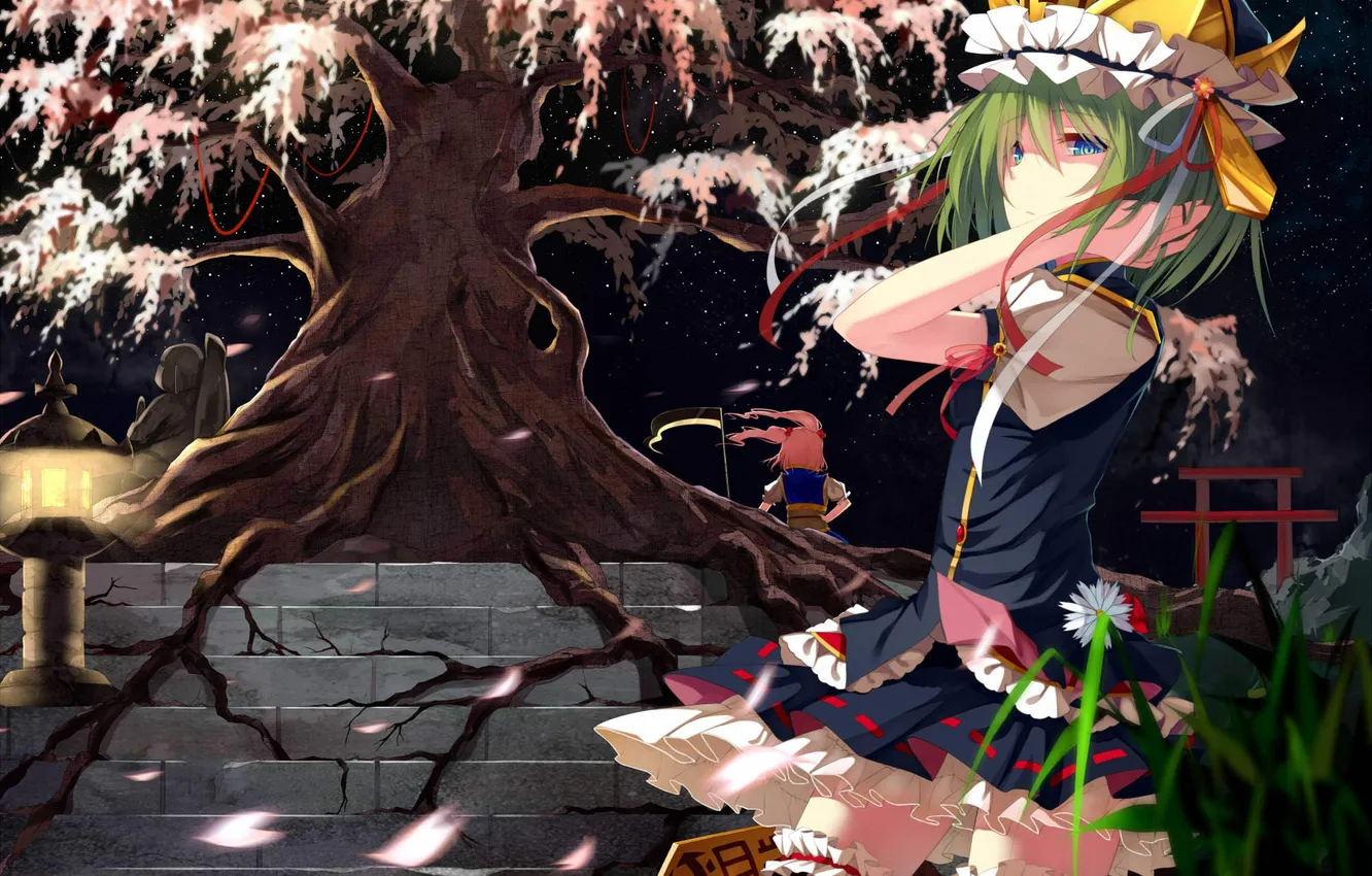Фото обои трава, оружие, девушки, дерево, шляпа, аниме, сакура, арт