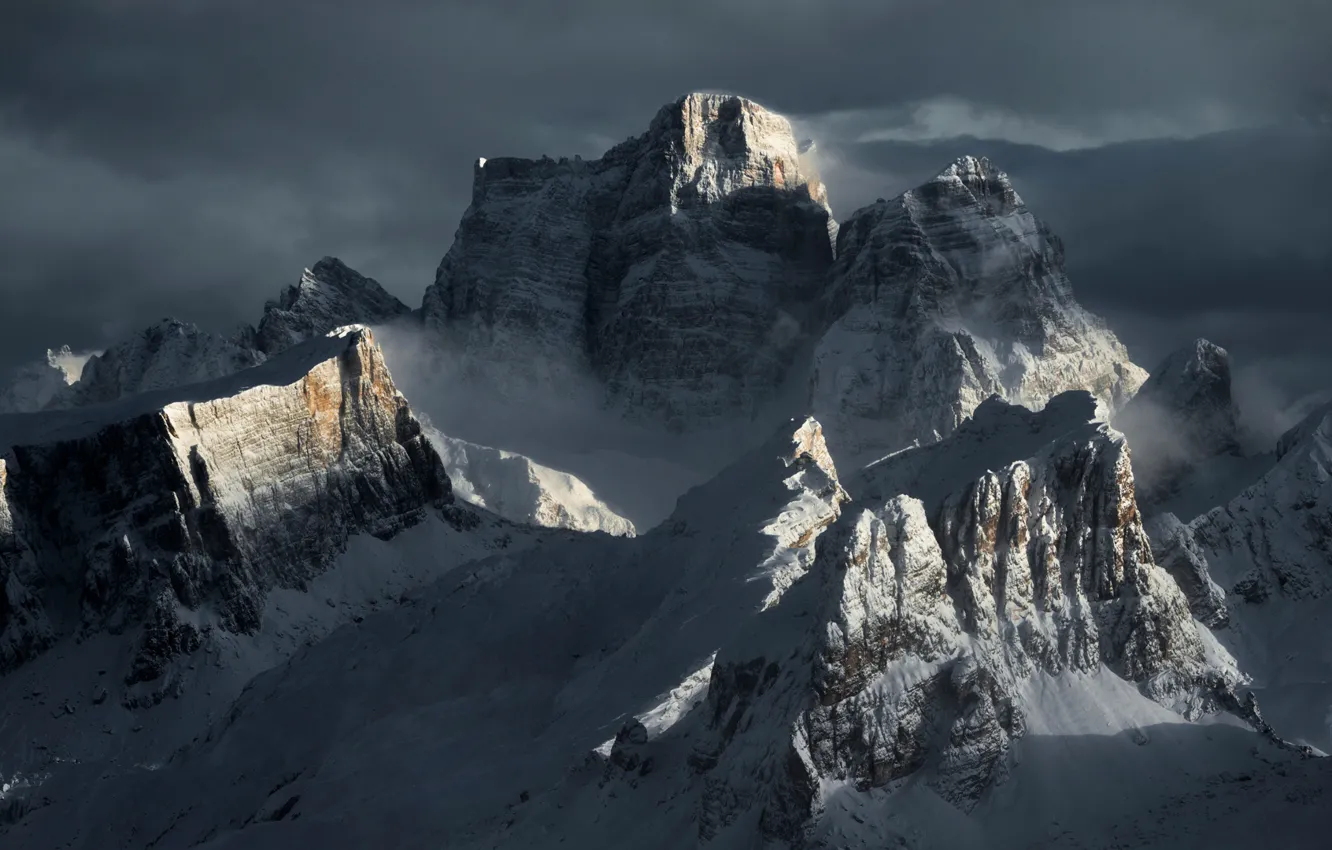 Фото обои зима, облака, свет, снег, горы, Альпы