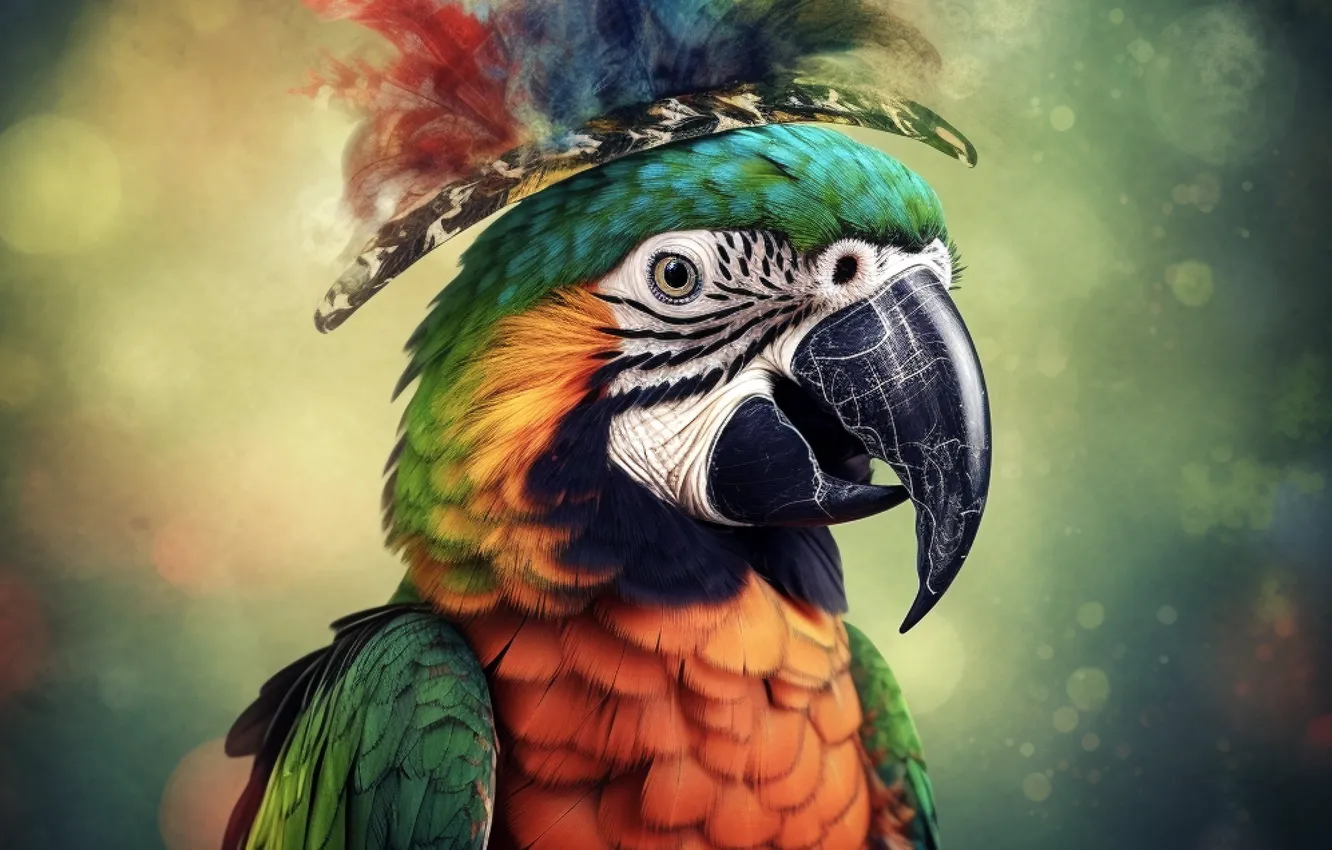 Фото обои птица, шляпа, попугай, образ, ИИ-арт, нейросеть