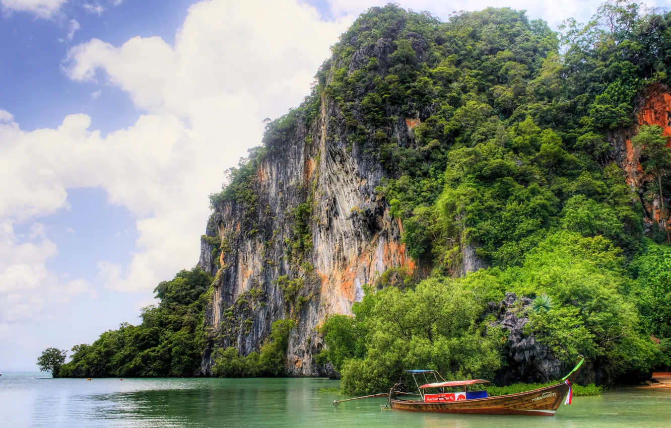 Фото обои море, небо, облака, деревья, тропики, камни, скалы, берег