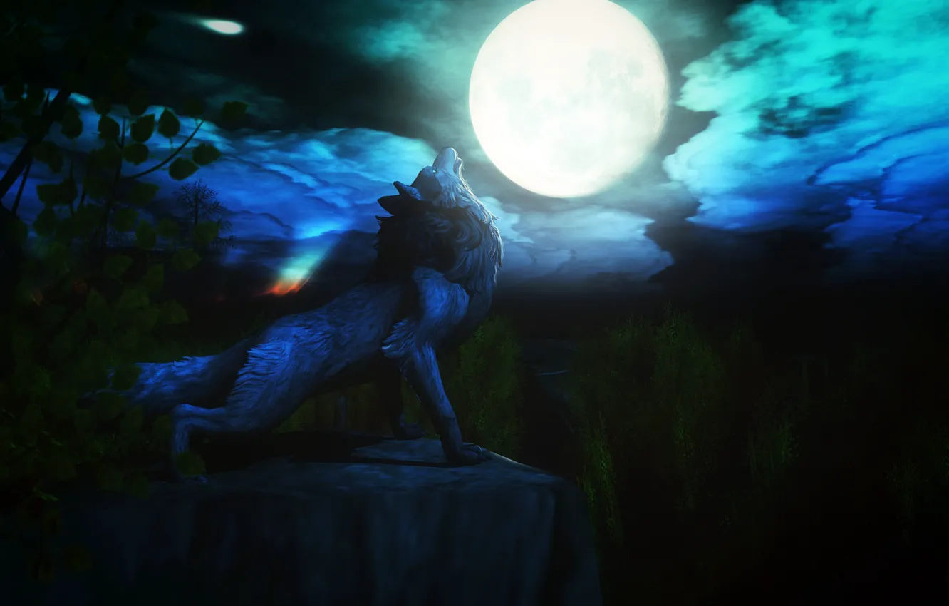 Фото обои ночь, луна, волк, вой