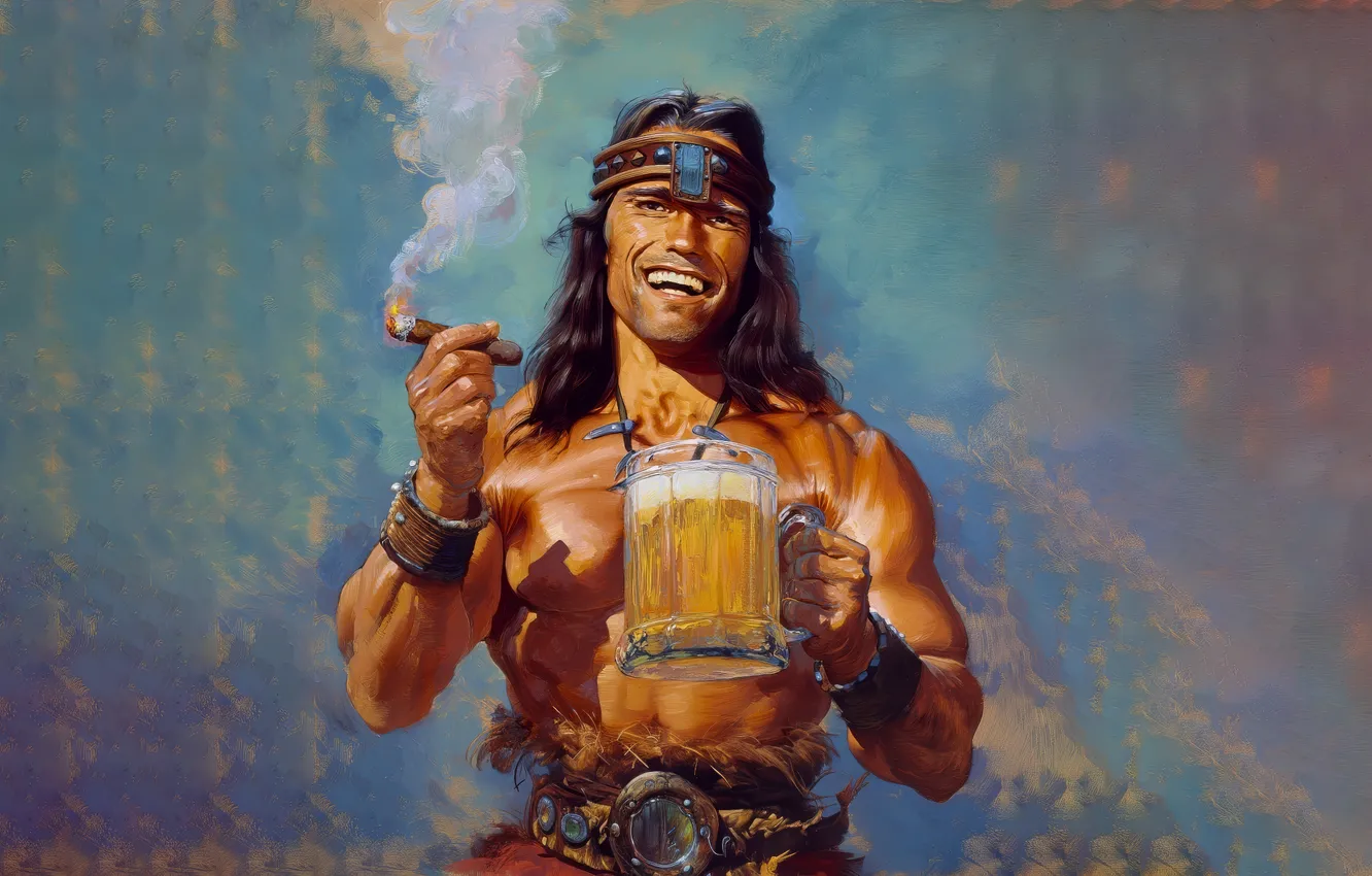 Фото обои Conan, smile, Arnold Schwarzenegger, cigar, Conan the Barbarian, beer, art