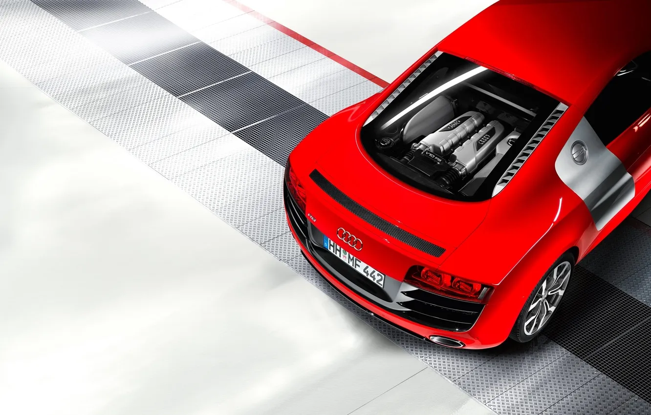 Фото обои Audi, Красный, Машина, Двигатель, Номер, V10