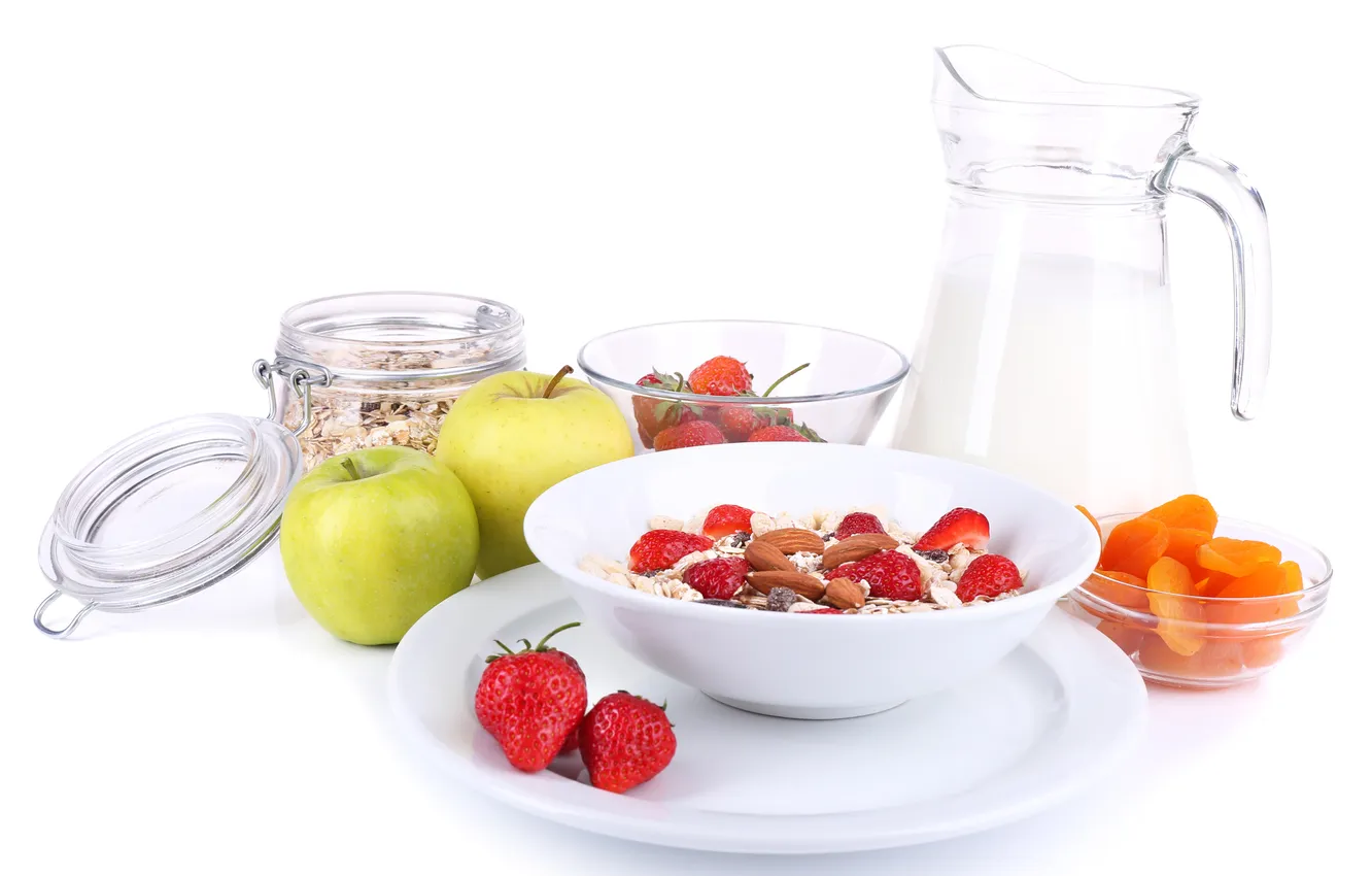 Фото обои хлопья, мюсли с молоком и фруктами и свежими ягодами, Здоровый завтрак