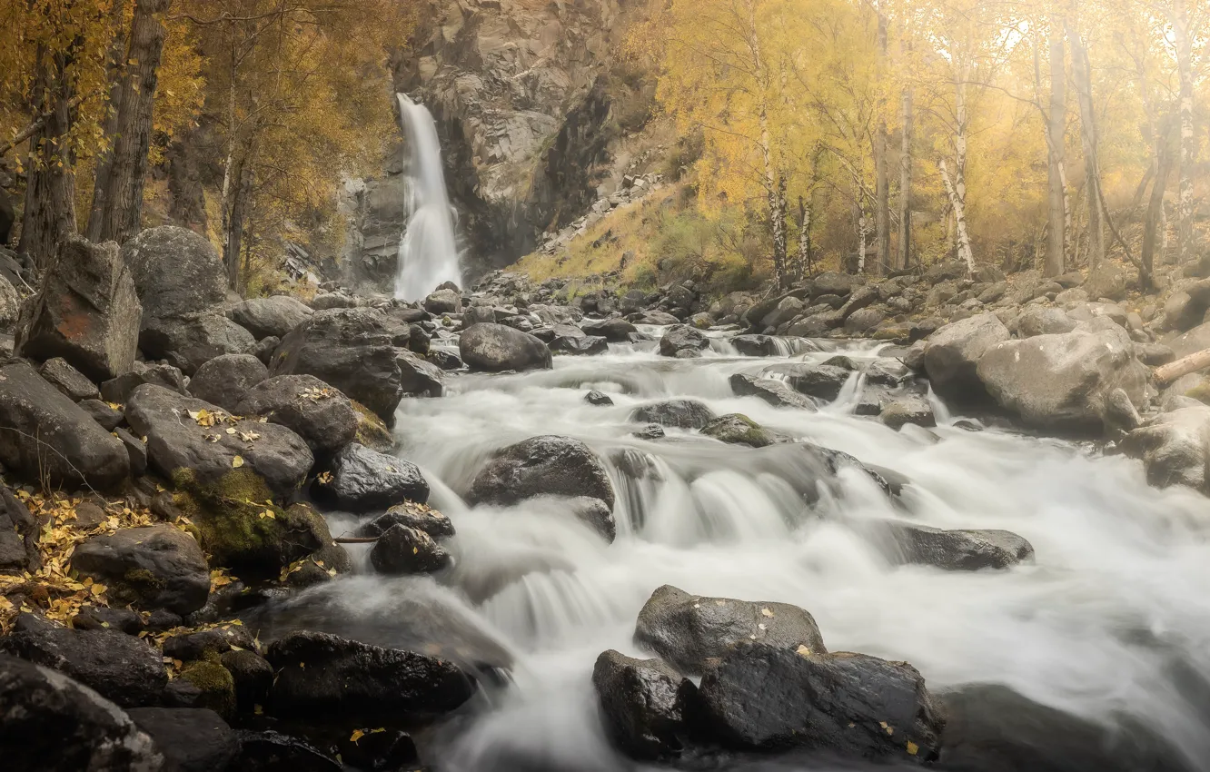 Фото обои осень, пейзаж, горы, природа, река, камни, водопад, Алтай