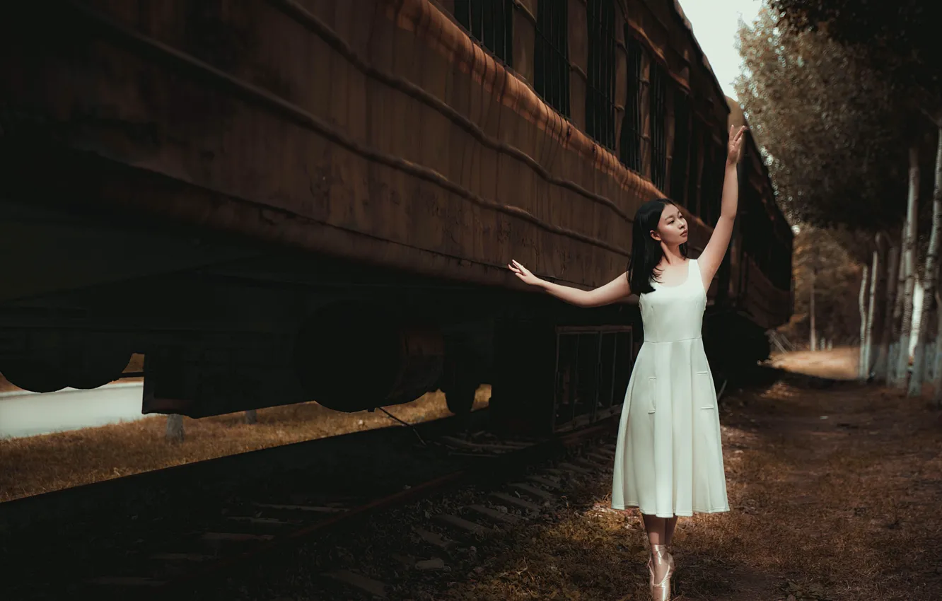 Фото обои Girl, Asian, Train, Women, Trees, Dress, Ballet, Fluxweed
