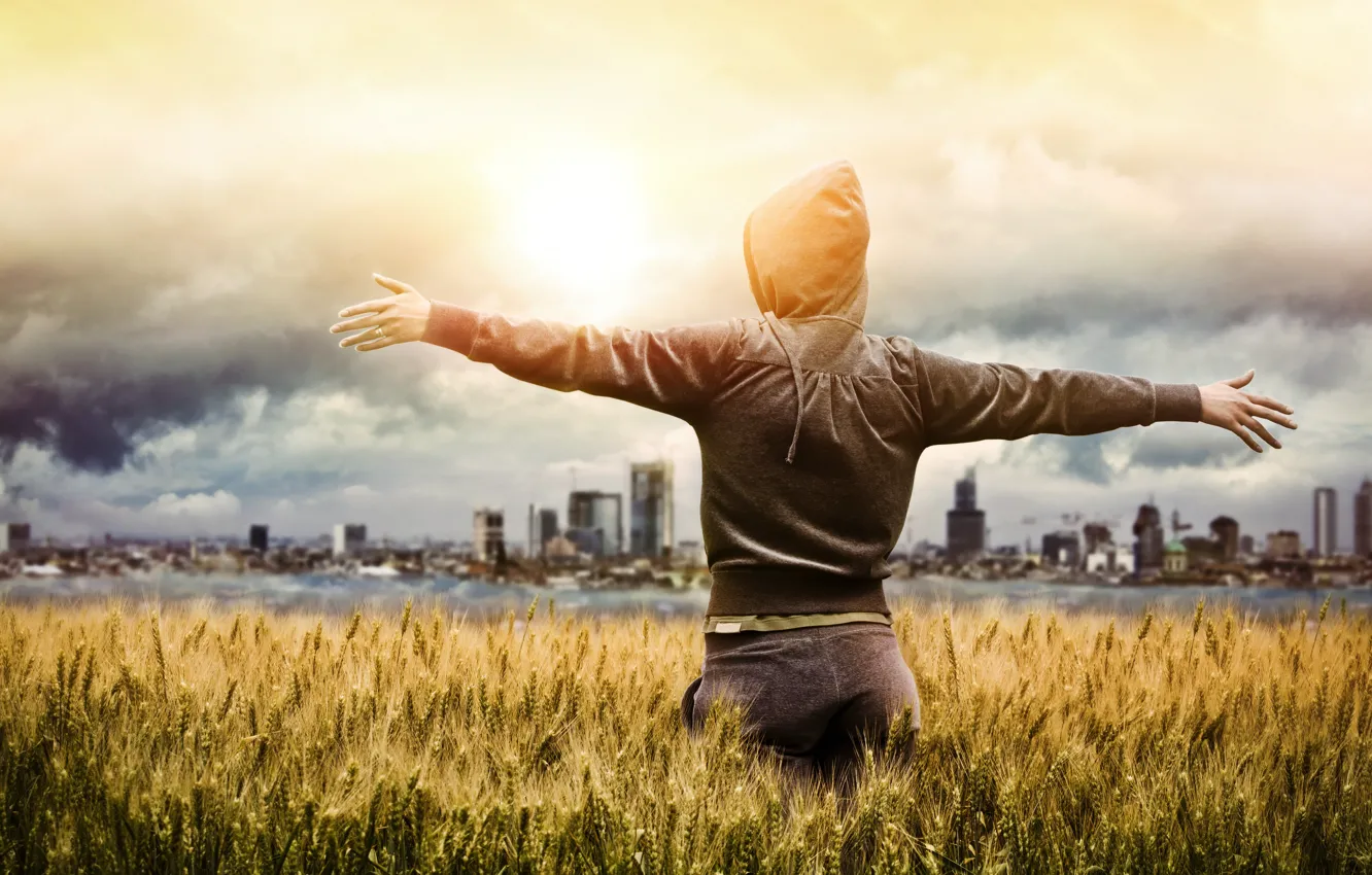 Фото обои пшеница, поле, город, человек, руки, пшеничное поле