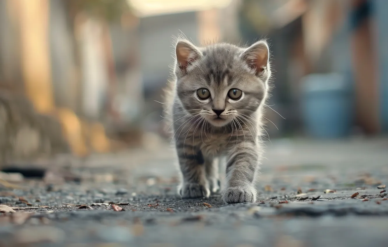 Фото обои дорога, грусть, кошка, взгляд, город, котенок, серый, улица
