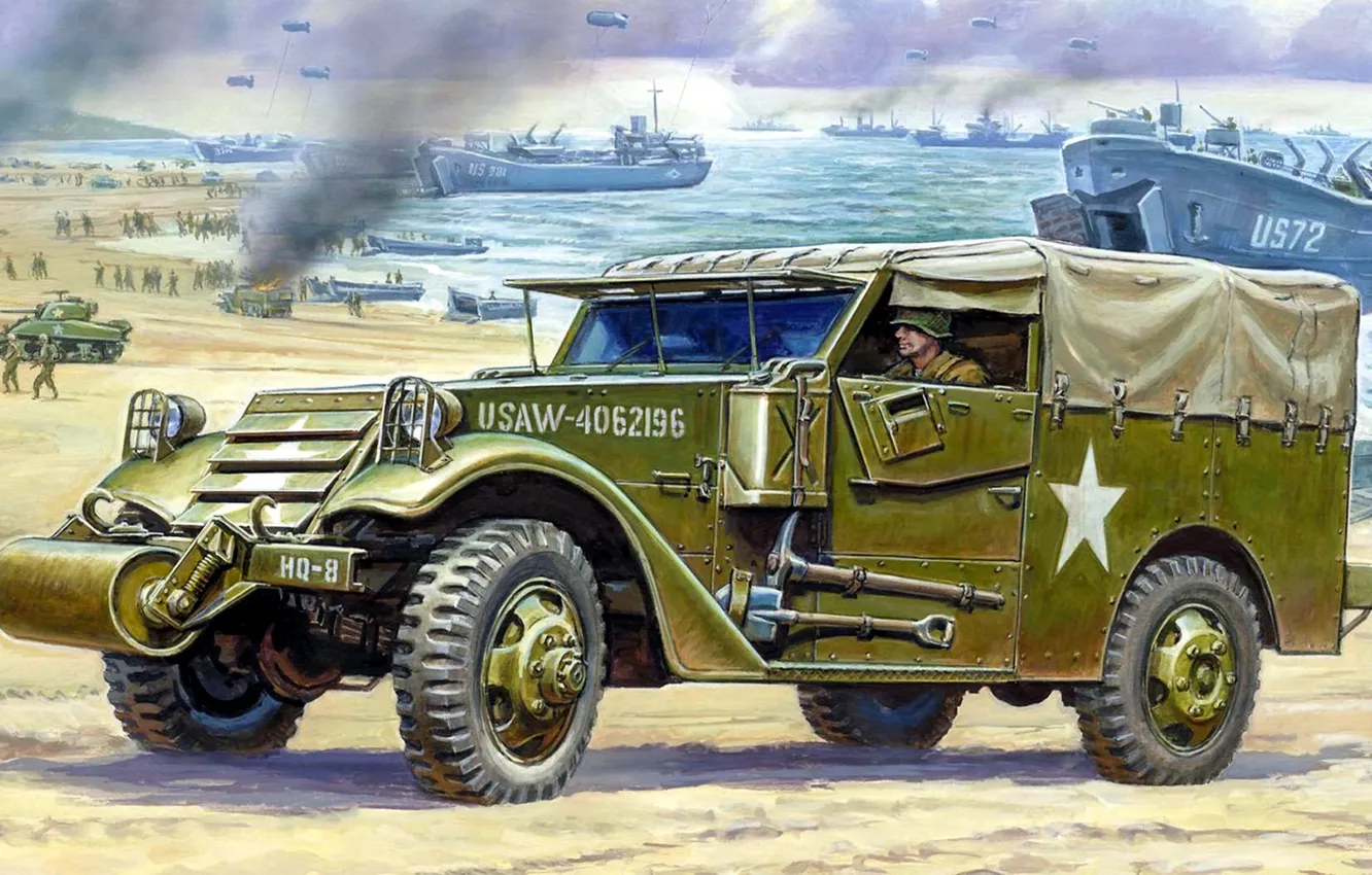 Фото обои рисунок, корабли, арт, танки, десант, высадка, Scout Car, Разведывательная машина