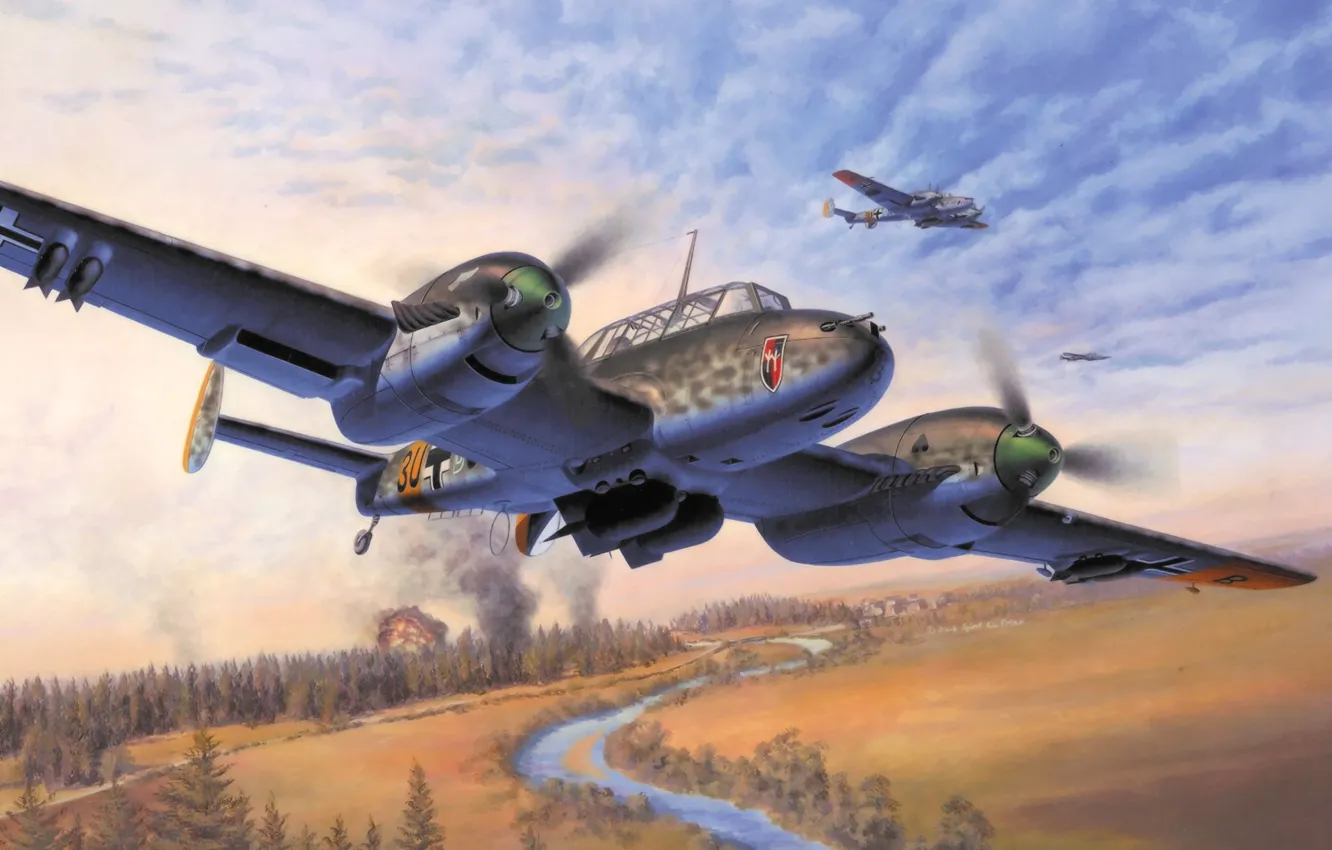 Фото обои aircraft, war, art, airplane, painting, WW2, messerschmitt bf 110, german bomber/fighter