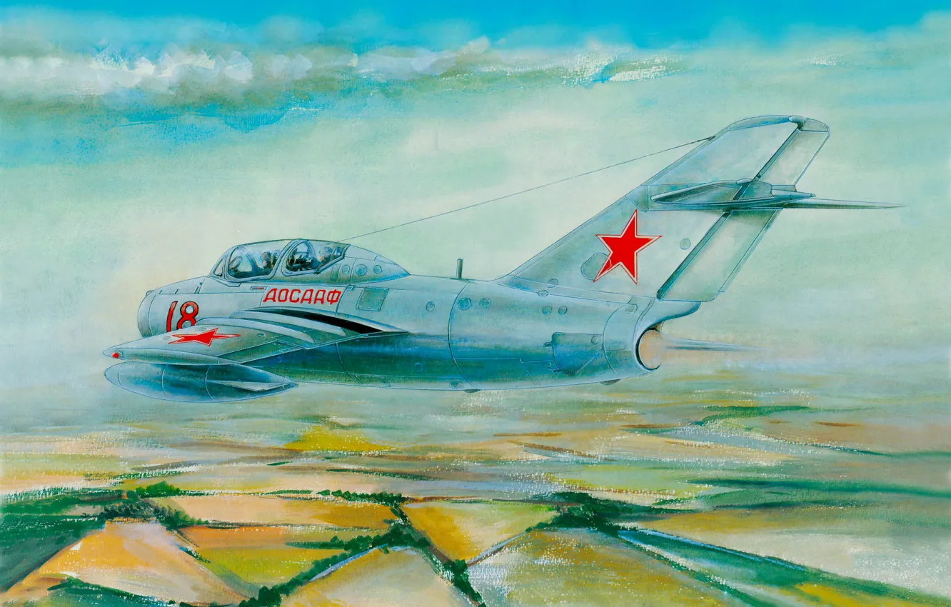 Фото обои Рисунок, истребитель, Полет, Нос, АРТ, МиГ-15, Fagot, Микоян