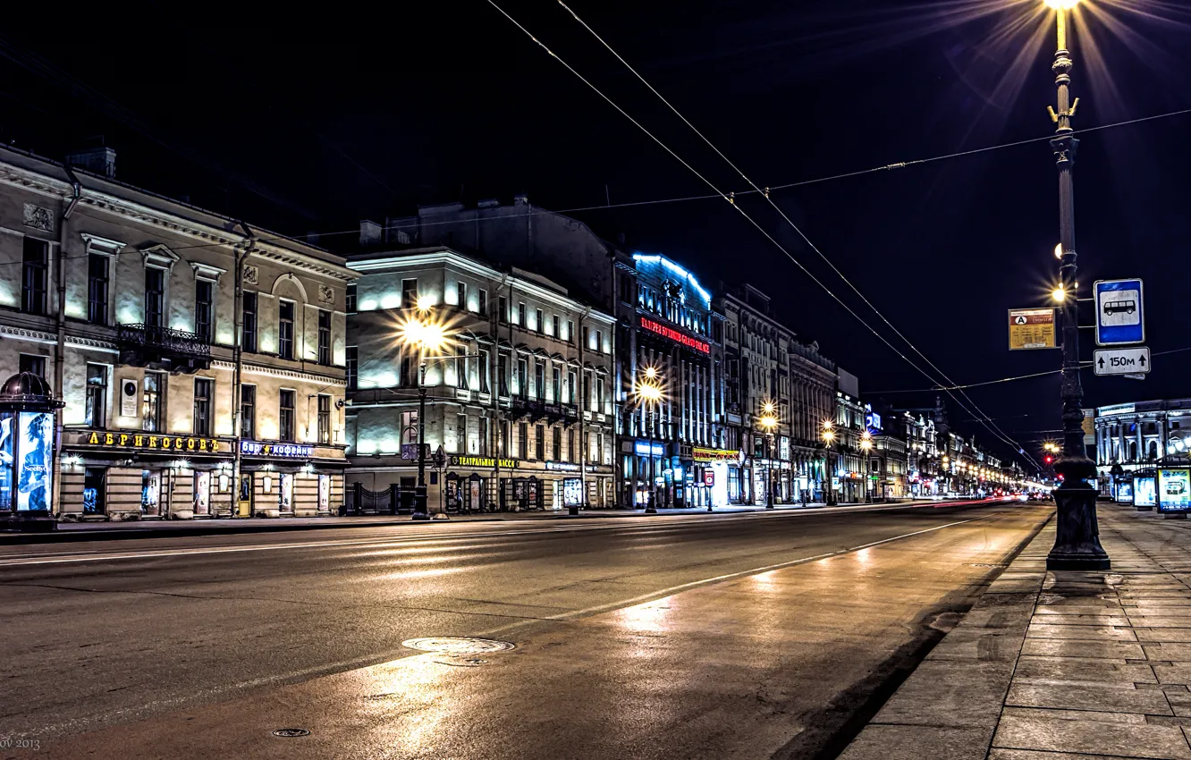 Фото обои дорога, ночь, огни, фонари, Russia, питер, санкт-петербург, St. Petersburg