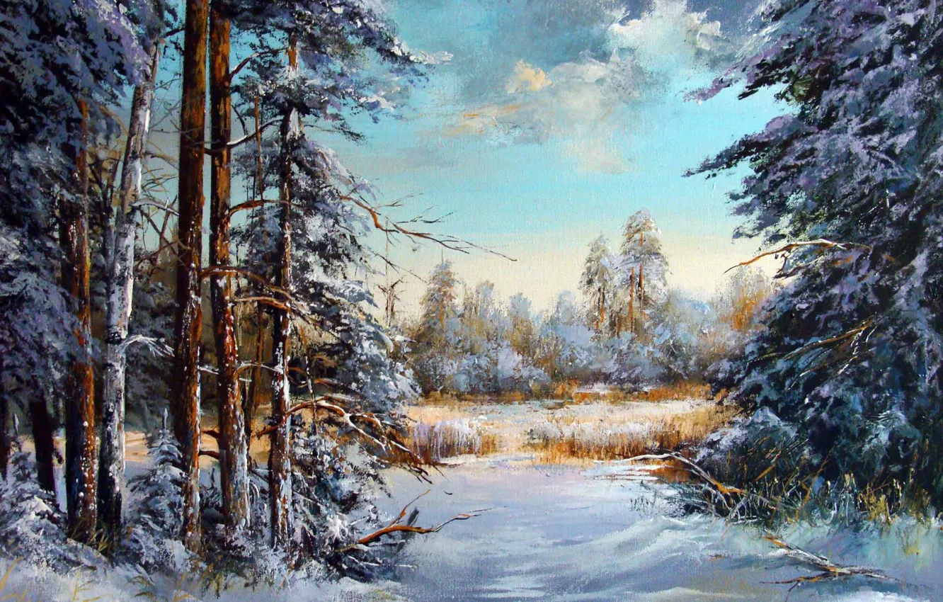 Фото обои зима, снег, деревья, пейзаж, масло, картина, живопись, холст
